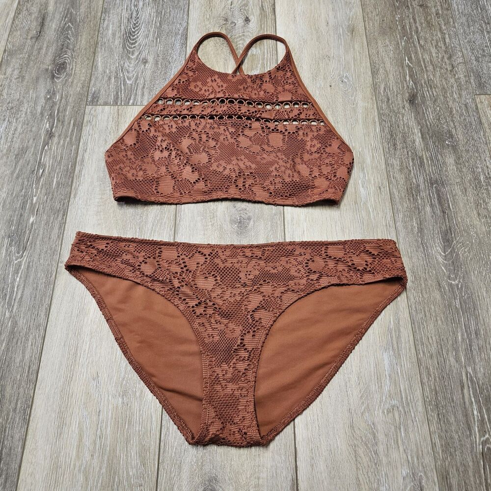 Aerie Bikini Set High Neck Crochet Top Hipster Bikini Bottom Brown Women's Large